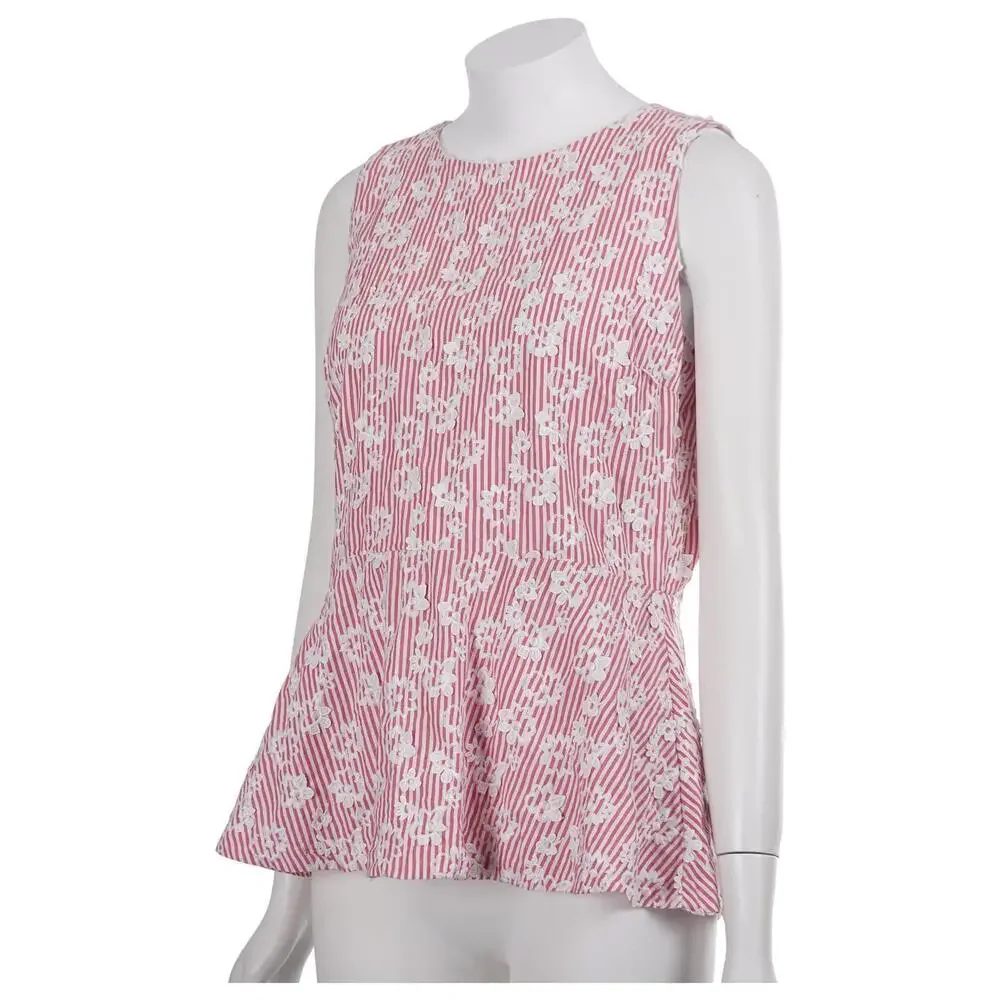 Michael Kors Top M Red Striped Embroidered Floral Sleeveless Peplum Cotton